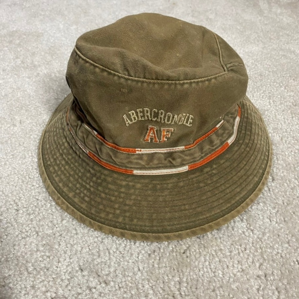 VTG Abercrombie & Fitch Bucket Hat Olive Green AF Logo Y2K Mens Sz M Distressed
